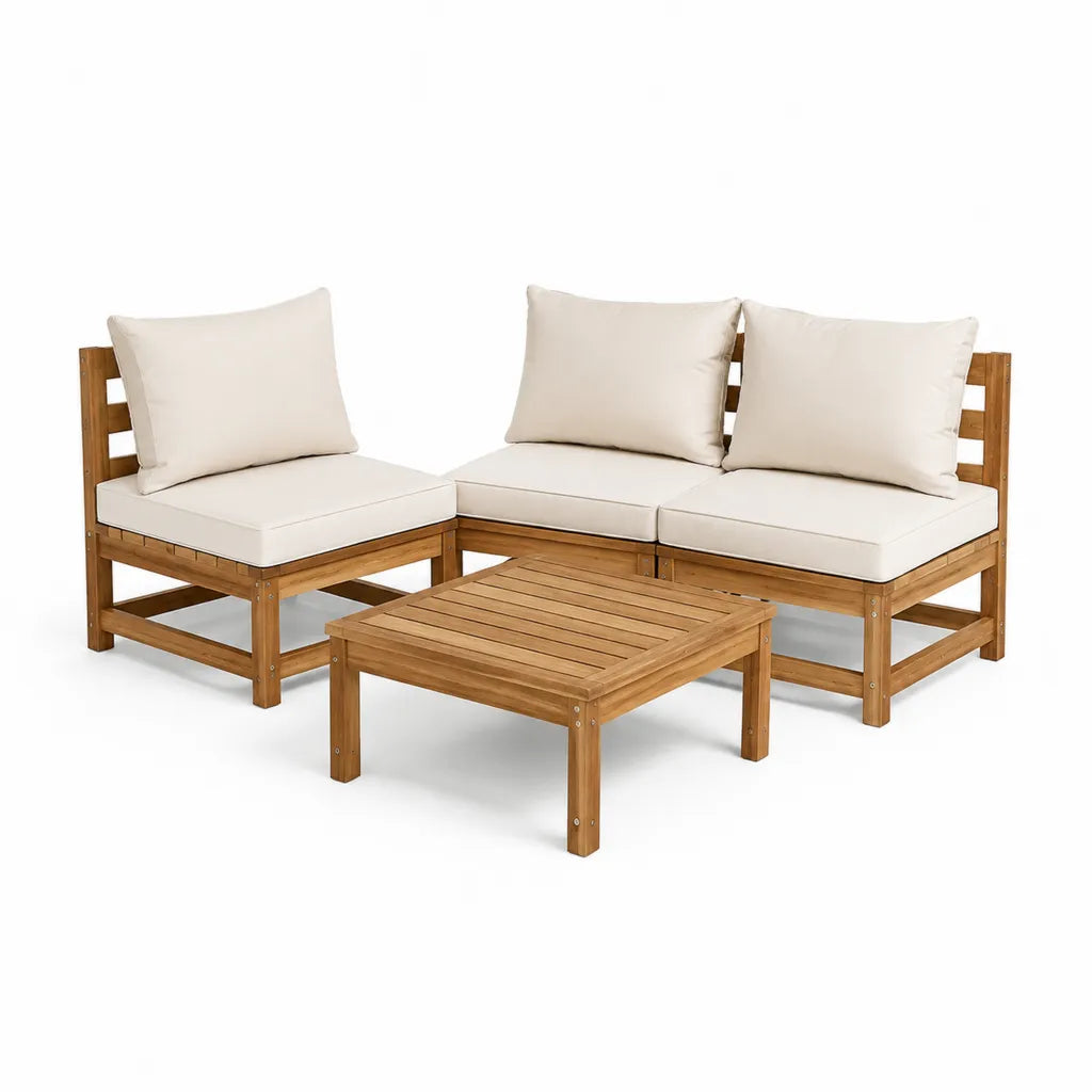 Set divano da giardino angolare 4 pezzi in legno massello di acacia con cuscini color crema 198 x 66 x 60 cm