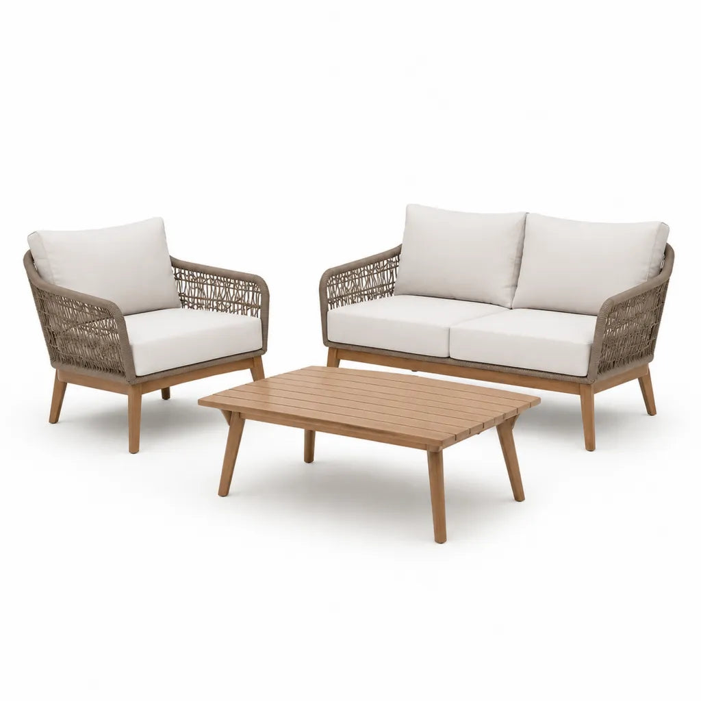 Set salotto da giardino 3 pezzi con divano 2 posti poltrona e tavolino in legno massello e corda intrecciata beige 140 x 75 x 78 cm