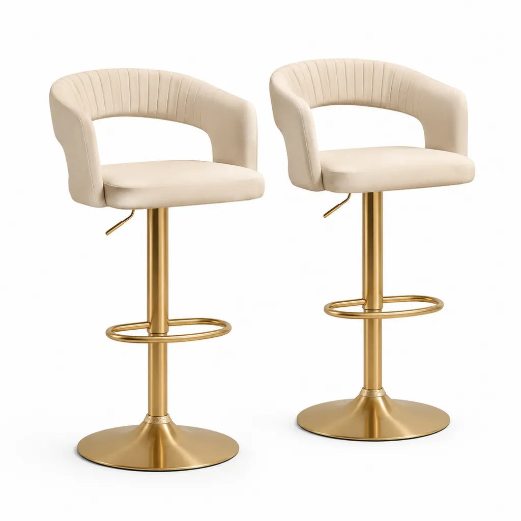 Set di 2 sgabelli da bar regolabili in altezza con rivestimento in PU beige e base in acciaio dorato 52 x 49 x 90-110 cm
