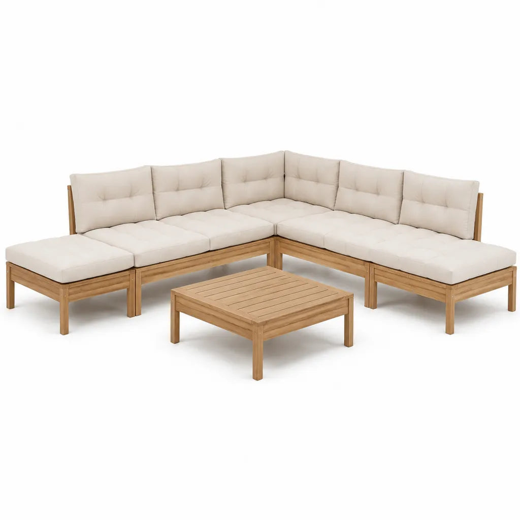Set divano da giardino angolare 6 pezzi in legno massello di acacia beige 240 x 240 cm