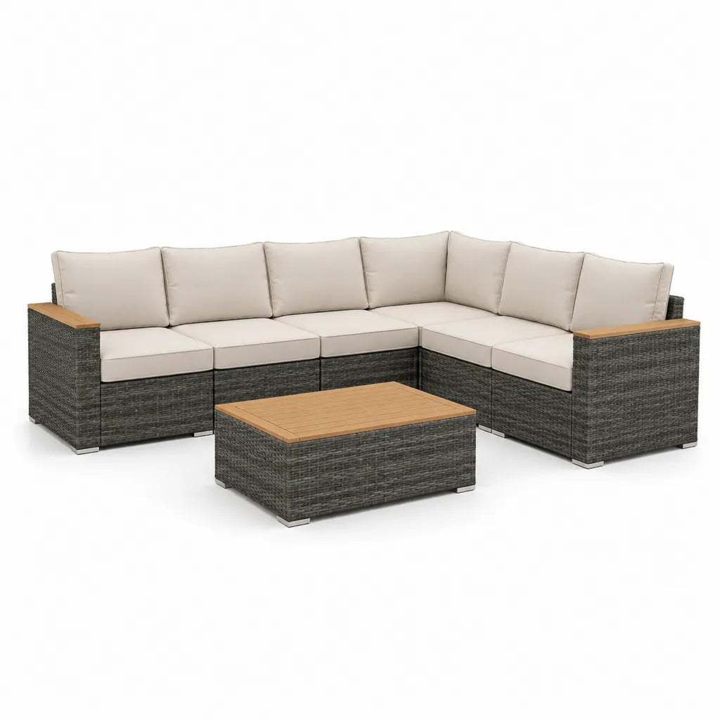 Set divano da giardino angolare 6 pezzi in rattan PE grigio con cuscini beige e tavolino 270 x 210 x 70 cm