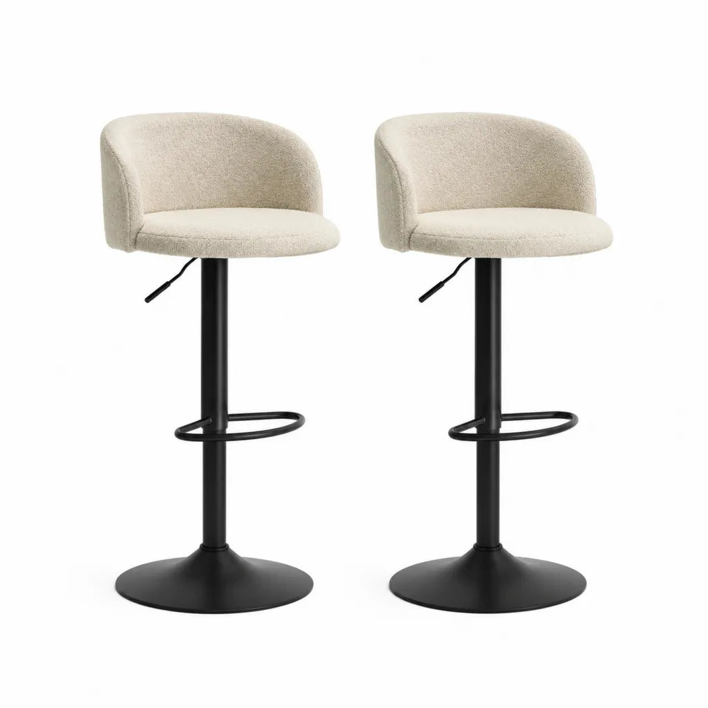 Set 2 sgabelli da bar regolabili con schienale curvo in poliestere boucle avorio e acciaio verniciato nero 48 x 49 x 88-108 cm