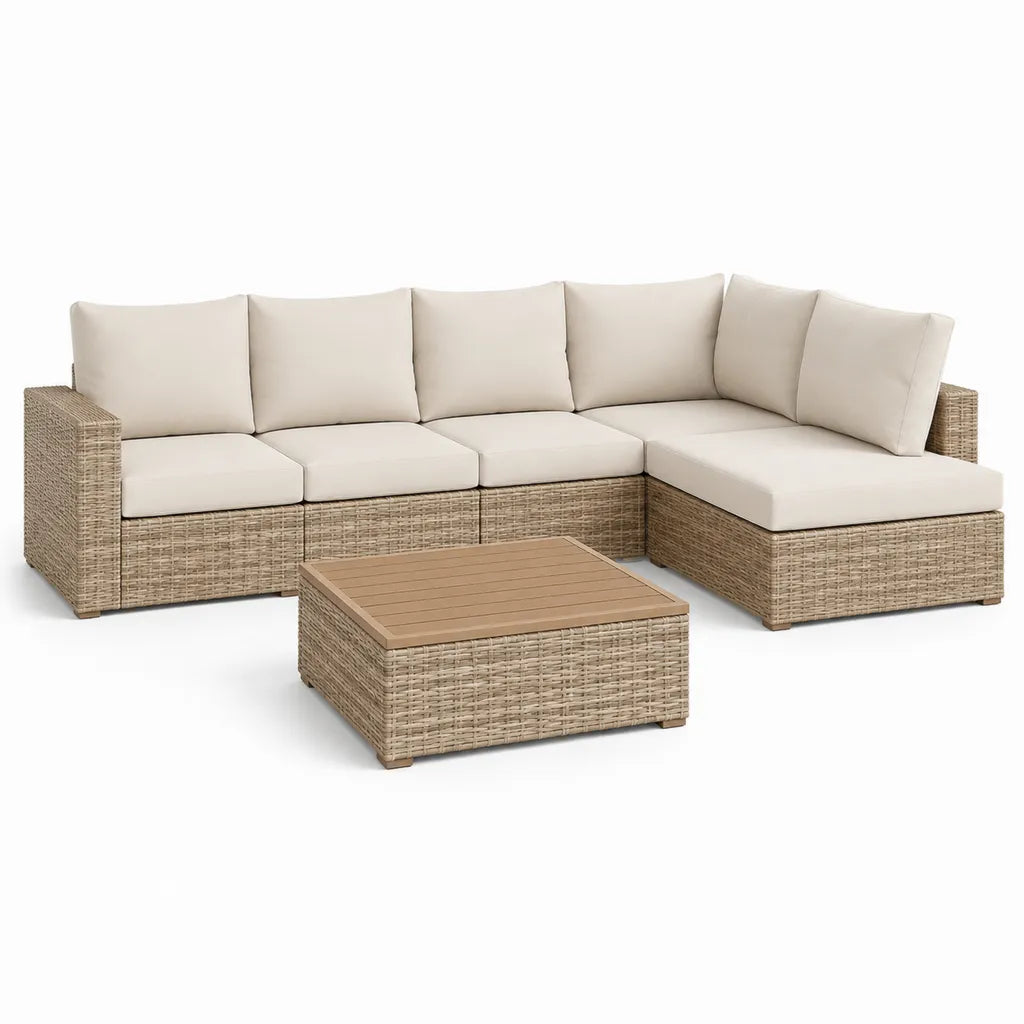 Set divano angolare da giardino 6 pezzi in polyrattan beige con cuscini avorio 265 x 205 x 85 cm