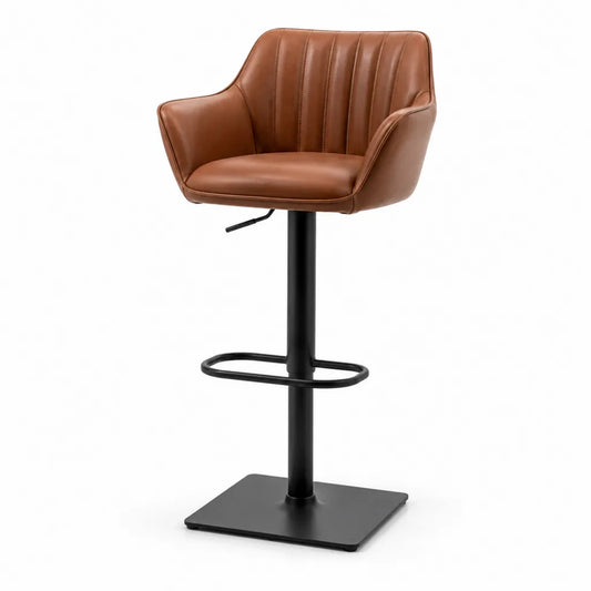Sgabello da bar regolabile con braccioli in poliuretano marrone base quadrata in acciaio nero 52 x 54 x 91-112 cm