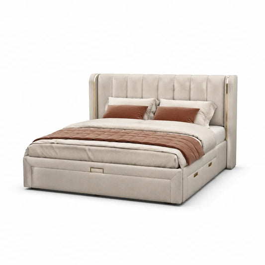 Letto contenitore matrimoniale con 3 cassetti 160 x 200 cm in poliestere effetto velluto rettangolare beige