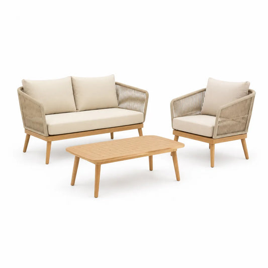 Set salotto da giardino 3 pezzi in legno massello di acacia con corda in poliestere beige divano 2 posti poltrona e tavolino rettangolare