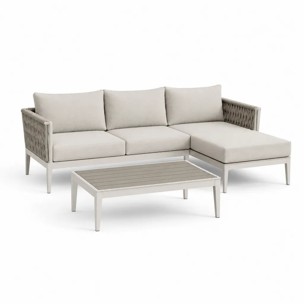 Set divano da giardino angolare 3 posti con tavolino in alluminio e corda intrecciata beige 220 x 145 x 75 cm
