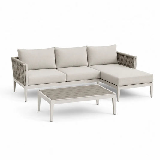 Set divano da giardino angolare 3 posti con tavolino in alluminio e corda intrecciata beige 220 x 145 x 75 cm