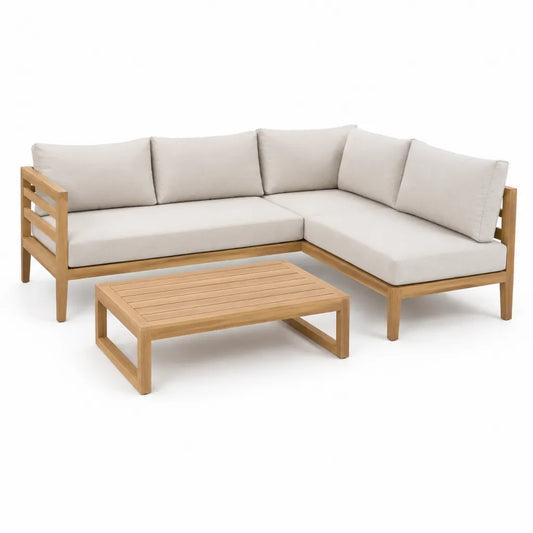 Set divano da giardino angolare 3 pezzi in legno massello di acacia naturale con cuscini beige 218 x 145 x 76 cm