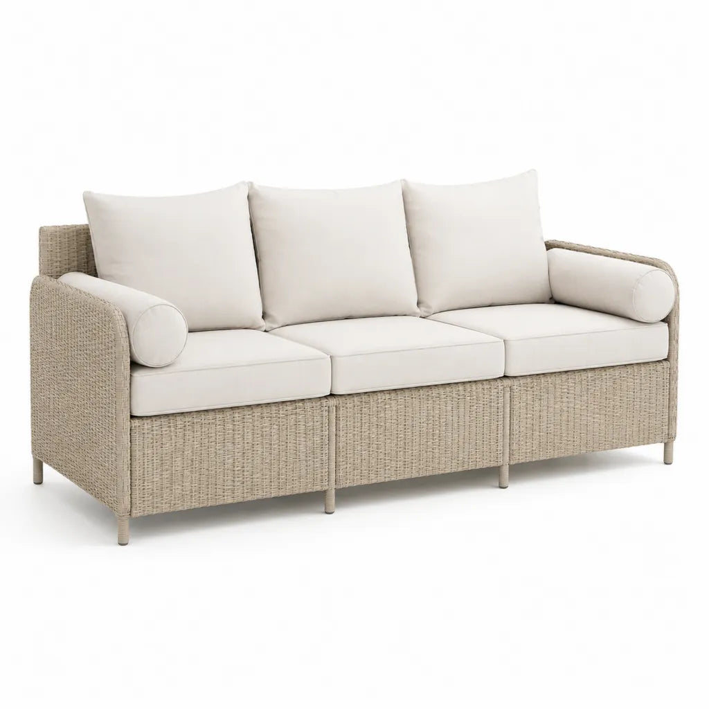 Divano da giardino 3 posti rettangolare in rattan PE beige con cuscini crema 210 x 85 x 85 cm