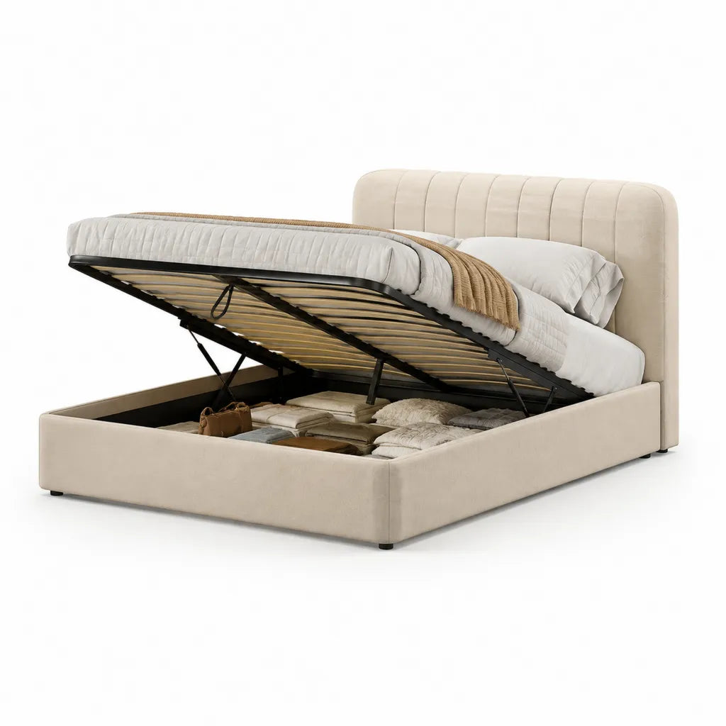 Letto contenitore matrimoniale 160 x 200 cm in velluto di poliestere beige con testiera imbottita rettangolare