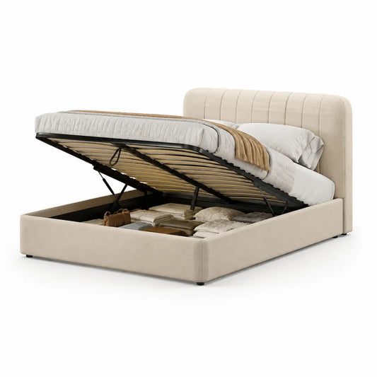 Letto contenitore matrimoniale 160 x 200 cm in velluto di poliestere beige con testiera imbottita rettangolare