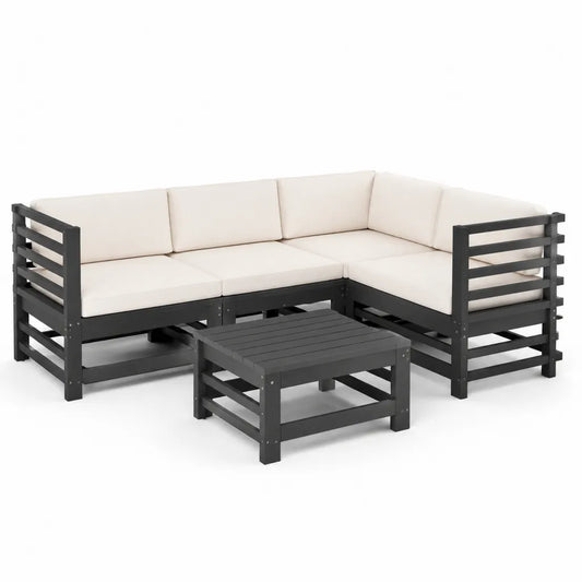 Set divano da giardino angolare 3 posti con tavolino in legno massello di pino nero e cuscini crema 208 x 70 x 60 cm