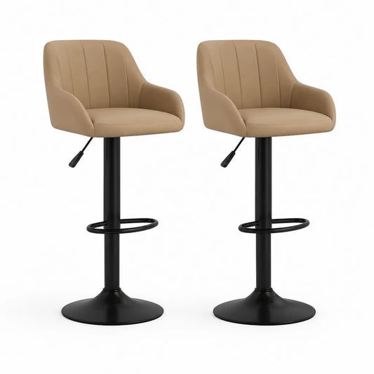 Set di 2 Sgabelli da Bar Regolabili con Schienale e Braccioli in Pelle PU Beige 49 x 52 x 88-109 cm