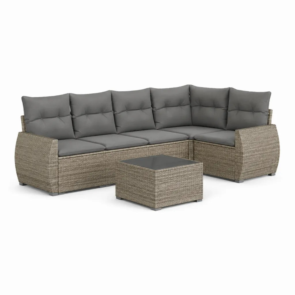 Set divano da giardino angolare 6 posti con tavolino 280 x 210 x 65 cm in rattan PE tortora con cuscini grigio scuro