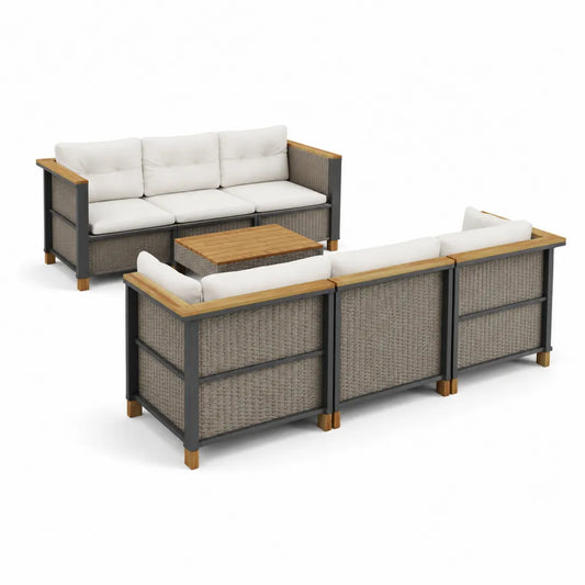 Set salotto da giardino 4 pezzi con divano 3 posti 2 poltrone e tavolino rettangolare in rattan PE grigio struttura in alluminio antracite e legno di acacia con cuscini bianchi divano 208 x 82 x 76 cm