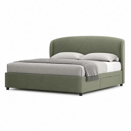 Letto contenitore matrimoniale 160 x 200 cm rivestito in poliestere verde oliva con testiera curva