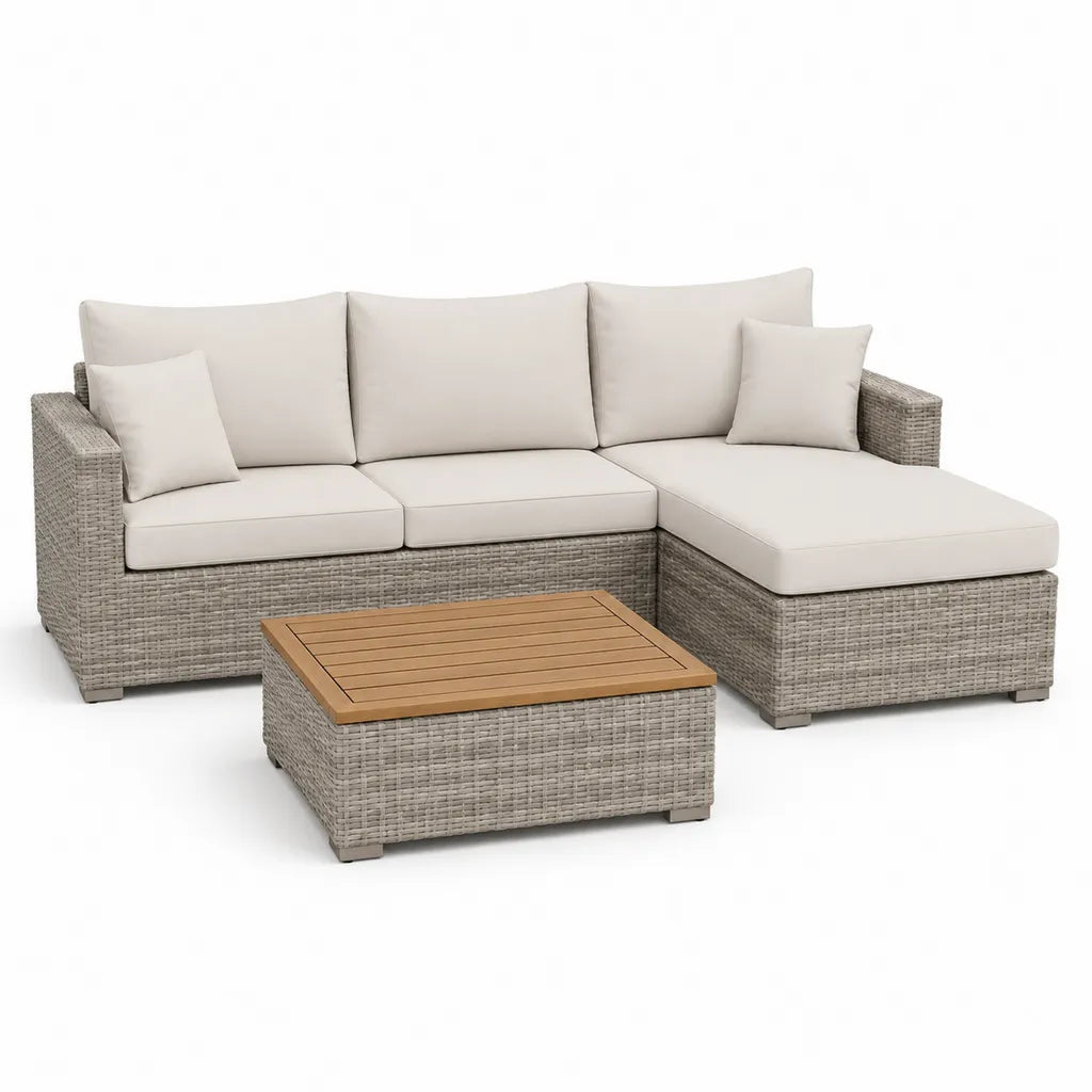 Set Divano da Giardino Angolare 3 Posti con Chaise Longue e Tavolino 230 x 150 x 65 cm in Polyrattan Grigio Tortora
