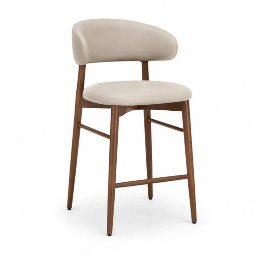 Sgabello da bar con schienale curvo in pelle PU beige e legno massello marrone 50 x 52 x 96 cm