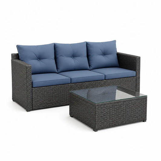 Set divano da giardino 3 posti con tavolino rettangolare in rattan PE grigio con cuscini blu divano 190 x 70 x 66 cm tavolino 100 x 60 x 28 cm