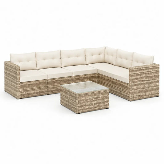 Salotto da giardino angolare 5 posti con tavolino in rattan PE beige e cuscini crema 210 x 140 x 60 cm