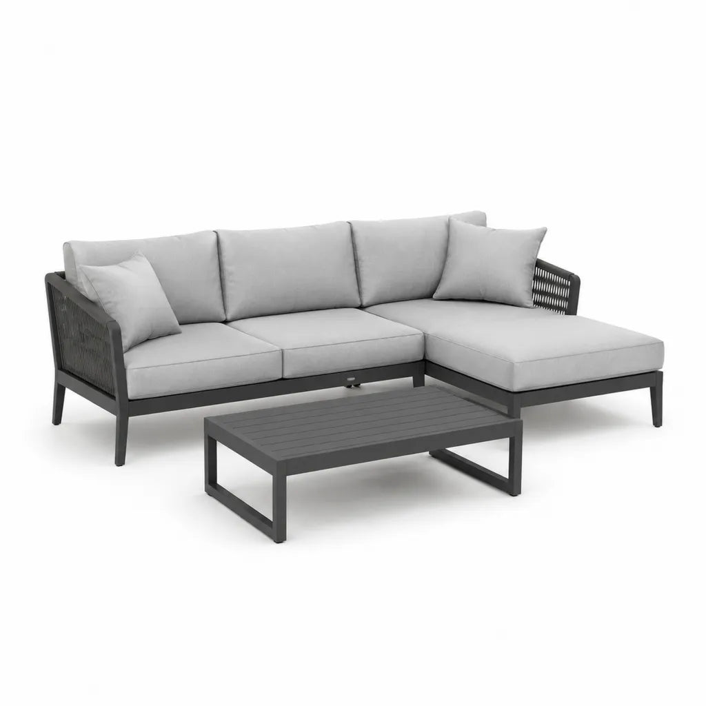 Set divano da giardino angolare con chaise longue e tavolino 240 x 150 cm in alluminio grigio