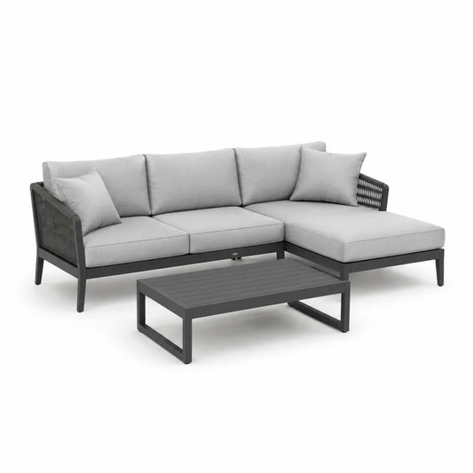 Set divano da giardino angolare con chaise longue e tavolino 240 x 150 cm in alluminio grigio