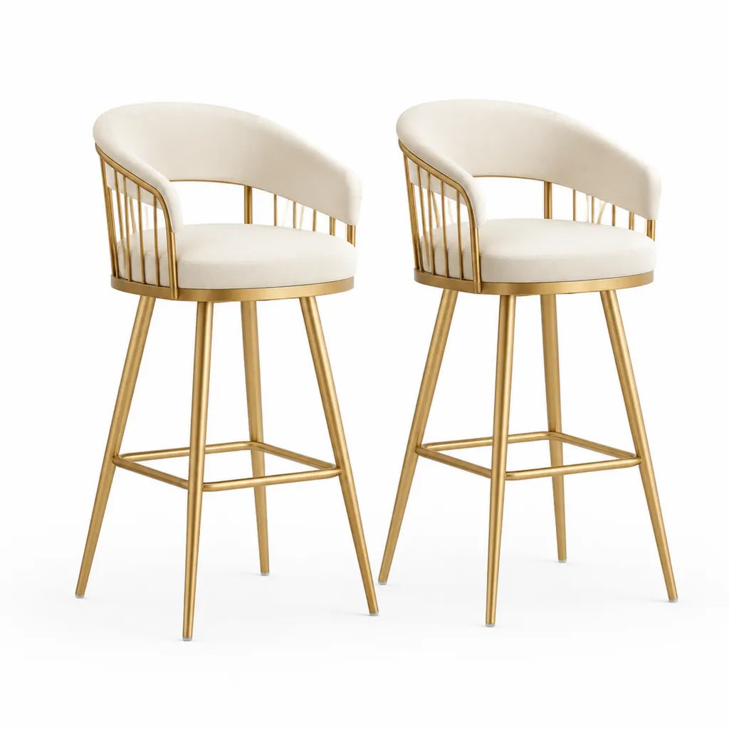 Set di 2 sgabelli da bar con schienale curvo in poliuretano bianco e acciaio dorato 52 x 50 x 96 cm