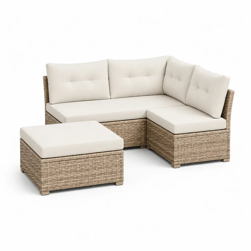 Divano da giardino angolare 3 posti con pouf 190 x 140 x 75 cm in rattan PE beige con cuscini crema