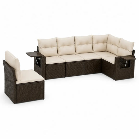 Set divano da giardino angolare 7 pezzi in polyrattan PE marrone con cuscini beige 285 x 215 x 63 cm