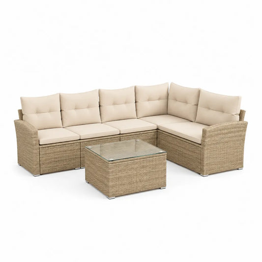 Set divano da giardino angolare 6 posti con tavolino in rattan PE beige 250 x 190 x 70 cm