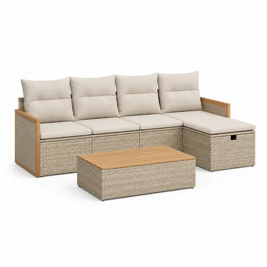 Set divano da giardino angolare 4 posti con tavolino 240 x 180 cm in rattan PE beige e legno di acacia