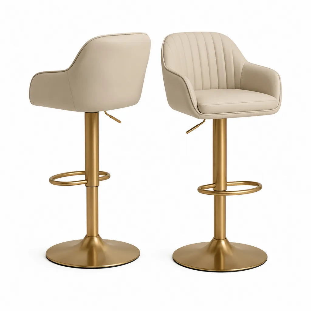 Sgabello da bar regolabile con braccioli in similpelle PU beige base rotonda dorata 50 x 52 x 92-112 cm