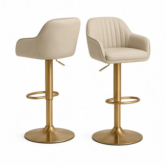 Sgabello da bar regolabile con braccioli in similpelle PU beige base rotonda dorata 50 x 52 x 92-112 cm
