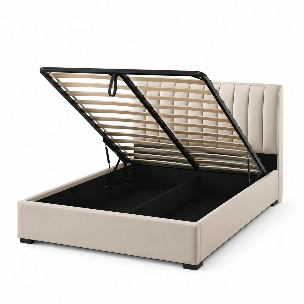 Letto contenitore matrimoniale 160 x 200 cm in pelle sintetica PU beige con rete a doghe e sollevamento a gas
