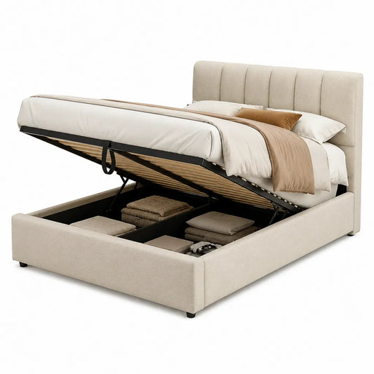 Letto contenitore matrimoniale 160 x 200 cm in poliestere beige con testiera imbottita rettangolare