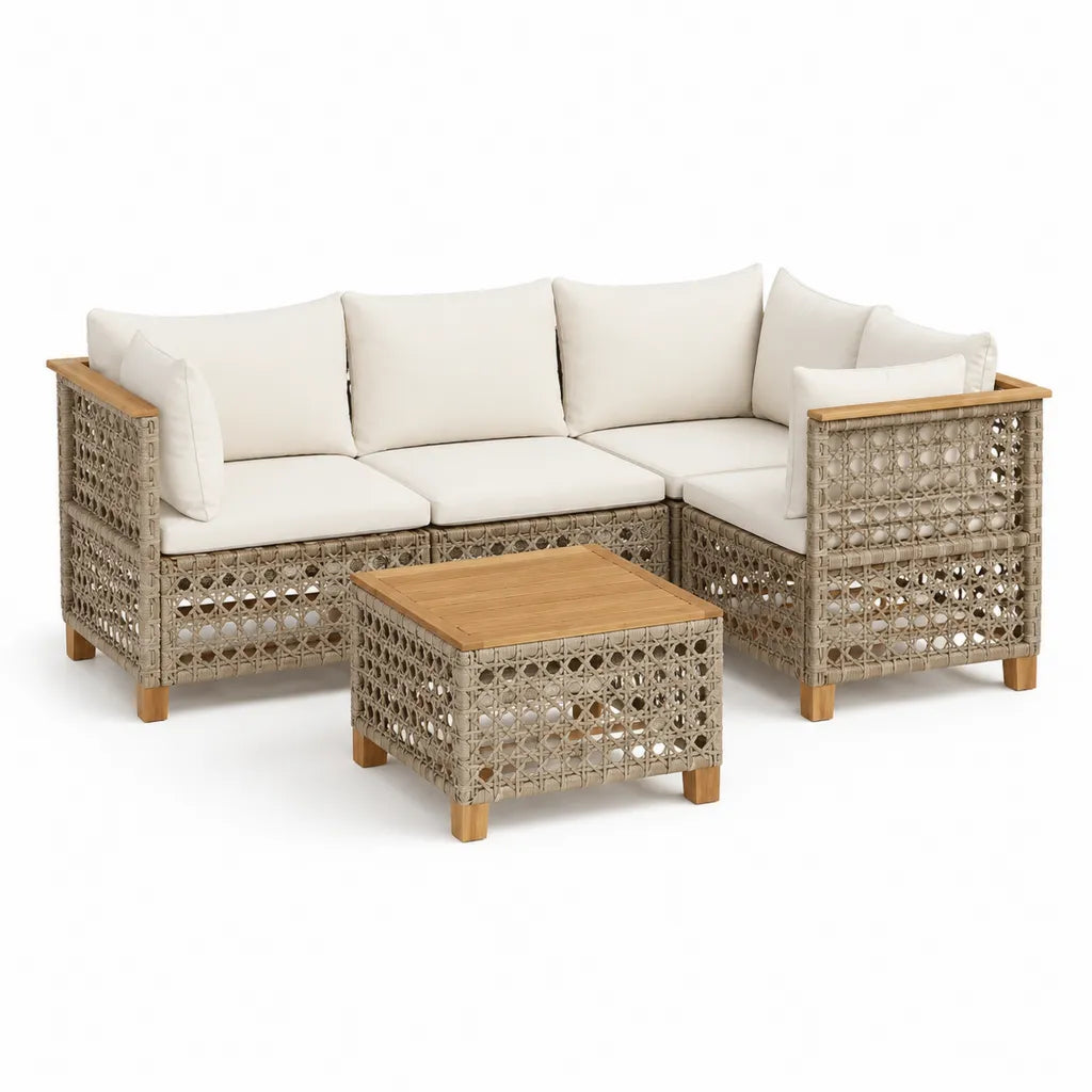 Salotto da giardino angolare 3 posti con tavolino 220 x 150 x 75 cm in polietilene intrecciato beige e legno di acacia