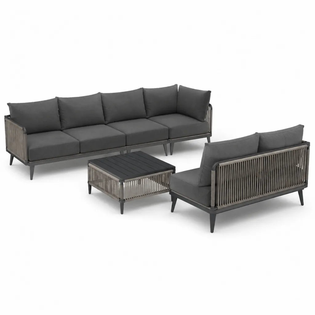 Set divani da giardino 4 posti e 2 posti con tavolino rettangolare in alluminio e corda grigio antracite 280 x 82 x 74 cm