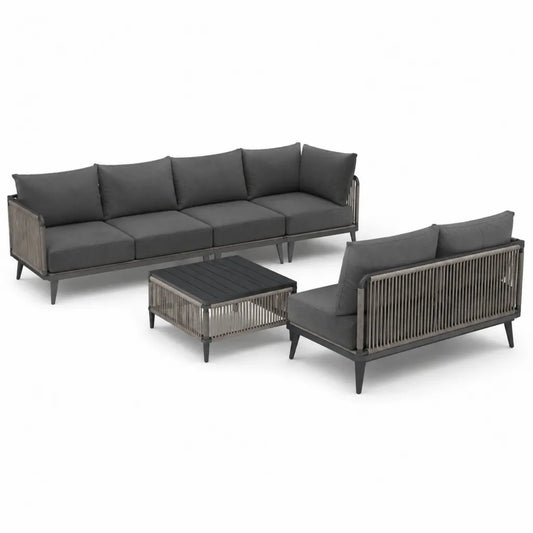 Set divani da giardino 4 posti e 2 posti con tavolino rettangolare in alluminio e corda grigio antracite 280 x 82 x 74 cm