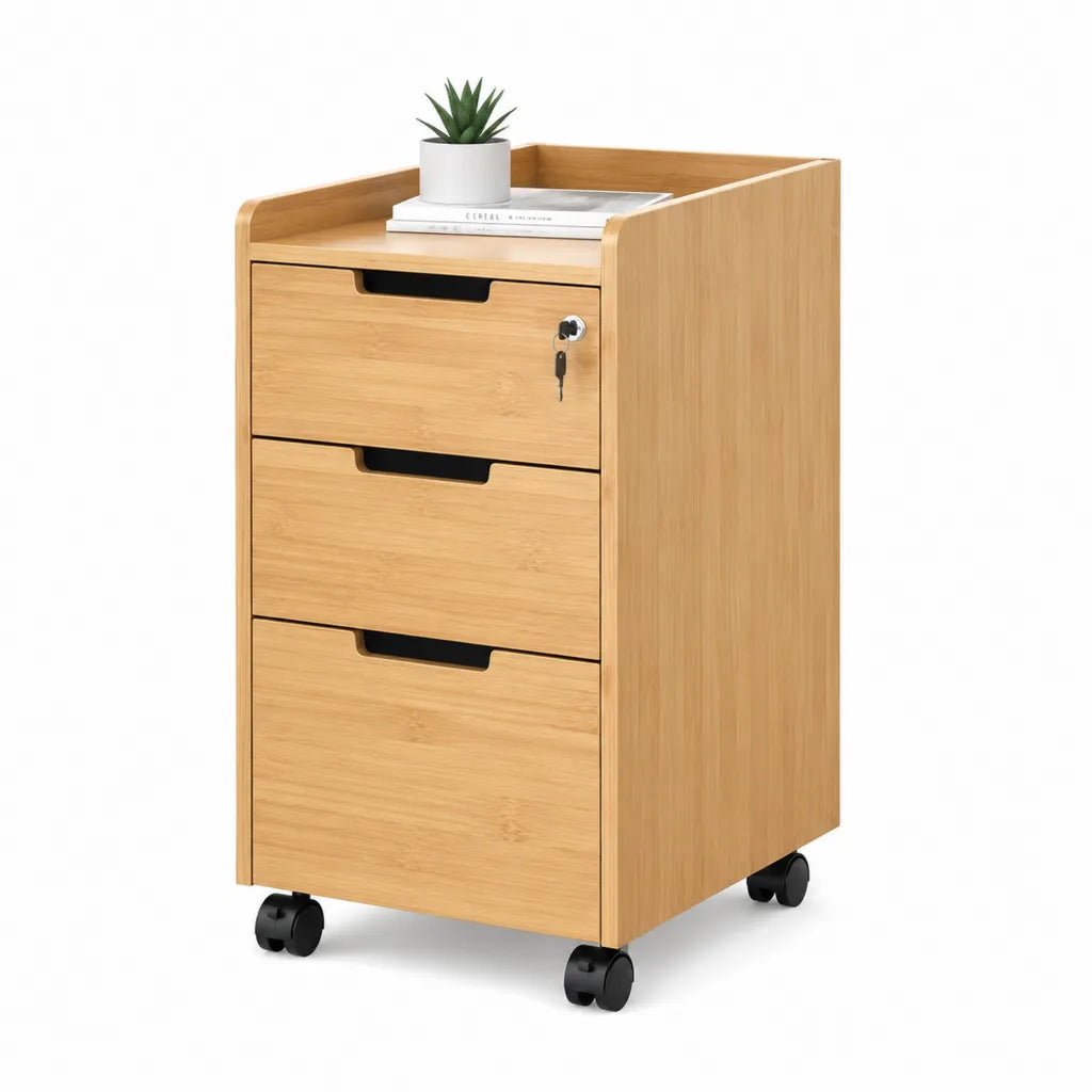 Cassettiera da ufficio con ruote 3 cassetti in bambu rettangolare color naturale 40 x 40 x 65 cm