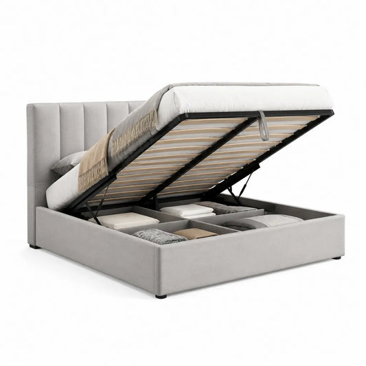 Letto contenitore matrimoniale 160 x 200 cm in velluto di poliestere grigio con testiera imbottita