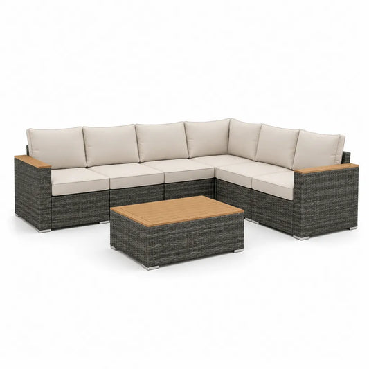 Set divano da giardino angolare 6 pezzi in rattan PE grigio con cuscini beige e tavolino 270 x 210 x 70 cm