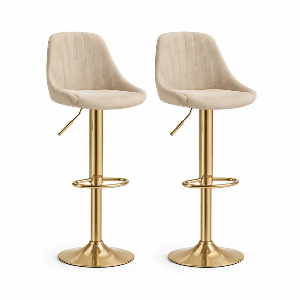 Set di 2 sgabelli da bar regolabili in velluto di poliestere beige con base rotonda in acciaio dorato 48 x 52 x 89-109 cm
