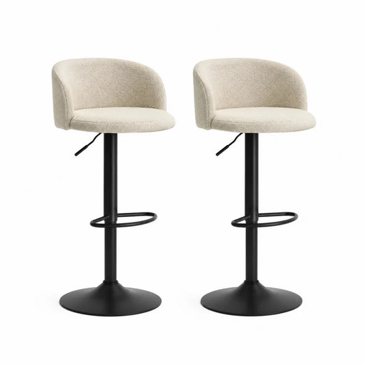 Set 2 sgabelli da bar regolabili con schienale curvo in poliestere boucle avorio e acciaio verniciato nero 48 x 49 x 88-108 cm